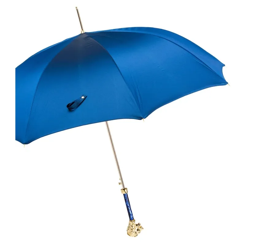 obrazek 10 Stylowy niebieski parasol męski z rączką w kształcie złotej głowy lwa – Pasotti