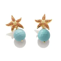 Picture 18K gold plated silver earrings Blue zircons and turquoise paste