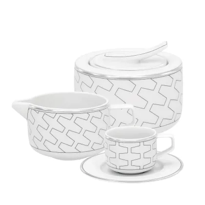Picture Large porcelain tea set from the contemporary Trasso collection with a geometric lined pattern - Vista Alegre
