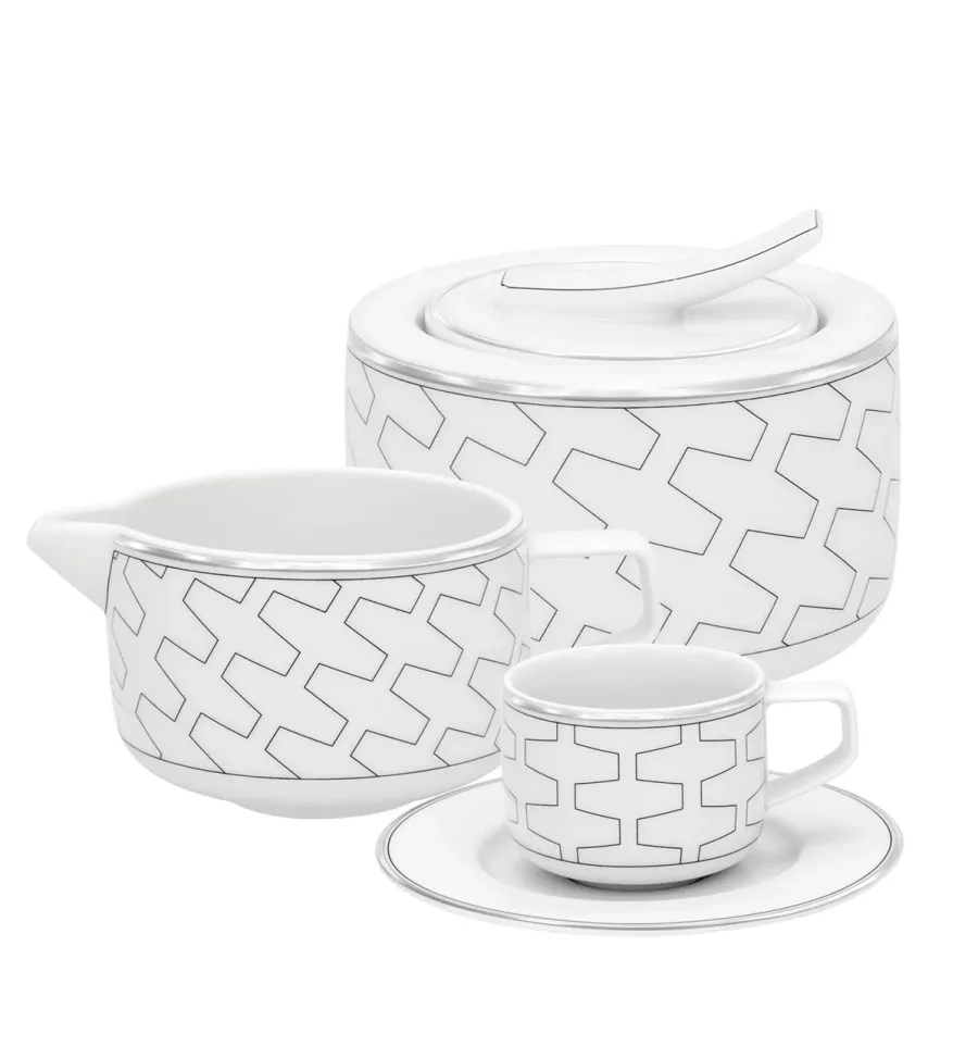 picture 1 A large porcelain tea set from the contemporary Trasso collection with a geometric lined pattern - Vista Alegre