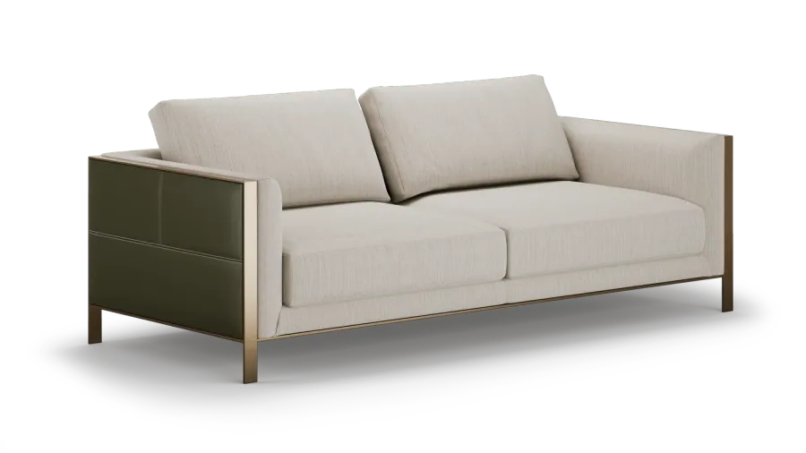 obrazek 4 Oryginalna tapicerowana sofa z drewnianą konstrukcją i metalowymi detalami