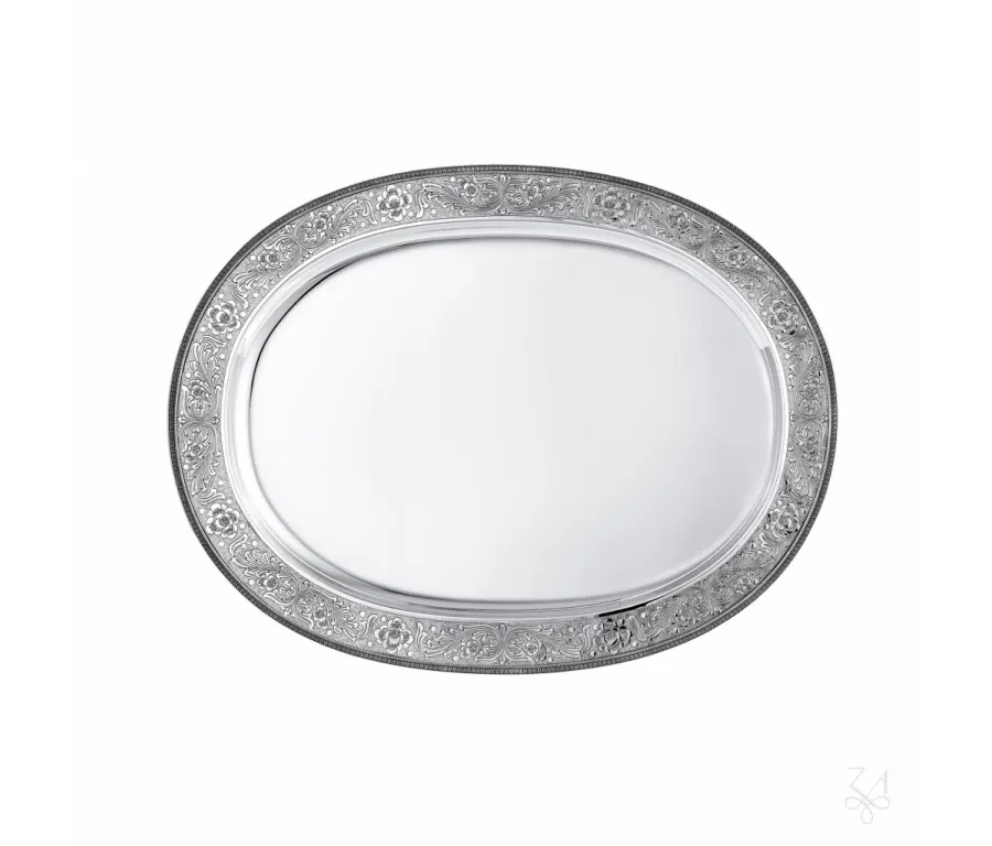 obrazek 1 Luksusowa owalna srebrna taca zdobiona pięknym ornamentem - Zaramella Argenti