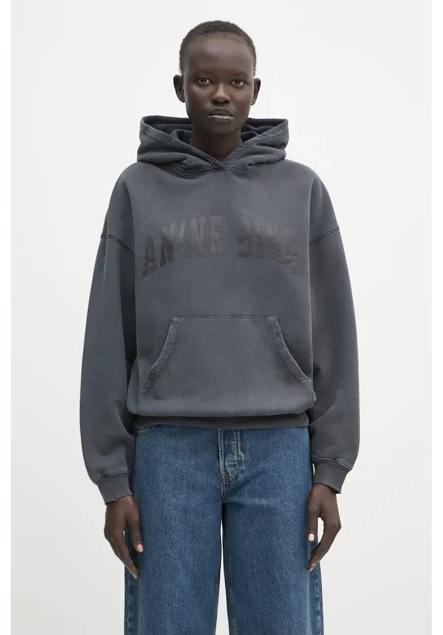 obrazek 1 Anine Bing bluza bawełniana Harvey Sweatshirt damska kolor szary z kapturem z nadrukiem S.08.5185