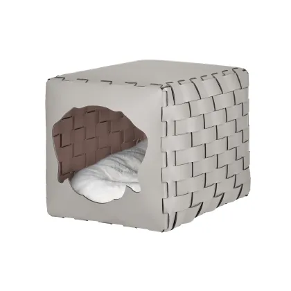 Zdjęcie Stylowy pleciony domek dla psa 35x40x35 cm z naturalnej skóry w kolorze perłowym