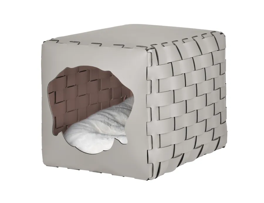 obrazek 1 Stylowy pleciony domek dla psa 35x40x35 cm z naturalnej skóry w kolorze perłowym