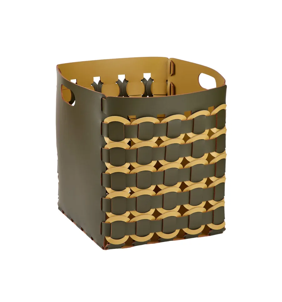 obrazek 1 Wyjątkowy skórzany kosz Geometria Rotonda 35x35xH40 cm w kolorze ciemnej oliwki