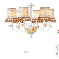 Picture Unique white brass chandelier with handmade Murano glass flowers and tassel fabric lampshades - Il Paralume Marina