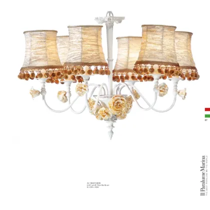 Zdjęcie Wyjątkowy żyrandol z białego mosiądzu z ręcznie robionymi kwiatami ze szkła Murano i abażurami z tkaniny z pomponem - Il Paralume Marina