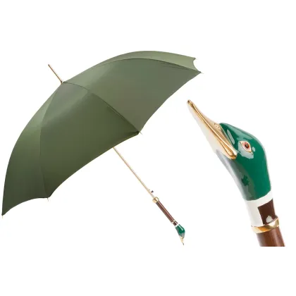 Picture Luxurious olive men's umbrella with a handle in the shape of a wild goose head - Pasotti