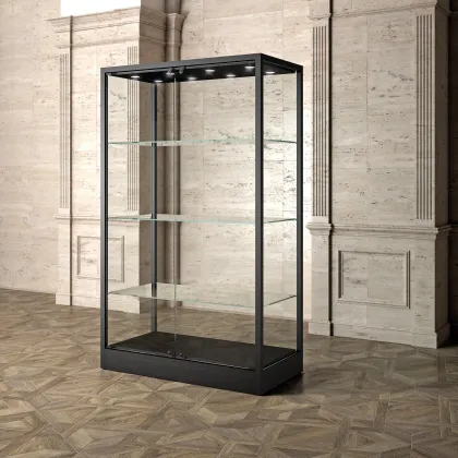Picture Elegant museum display cabinet with three shelves and LED spotlights