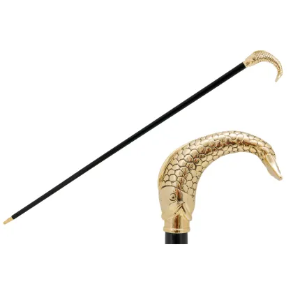 Zdjęcie Piękna stylowa czarna laska z rękojeścią w kształcie złotej ryby - Pasotti