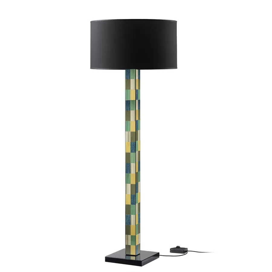 obrazek 2 Ekskluzywna lampa stojąca z ciemnym kloszem z drewna i inkrustowanego forniru