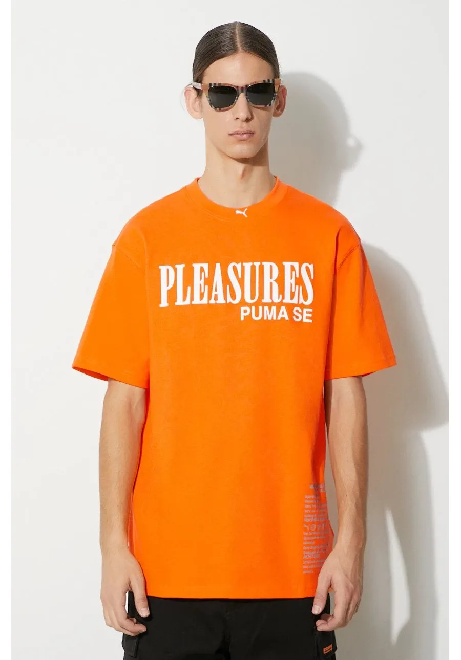 obrazek 1 Puma t-shirt bawełniany PUMA x PLEASURES Typo Tee męski kolor pomarańczowy z nadrukiem 620878