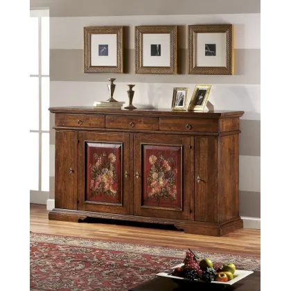 Zdjęcie Kredens z 4 drzwiami, 3 szufladami i 3 lakierowanymi półkami z wykończeniem w antycznym stylu - Zanini