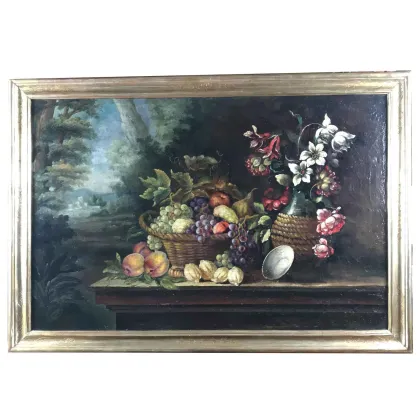 Zdjęcie Martwa natura kwiatów i owoców umieszczona na blacie w złoconej ramie