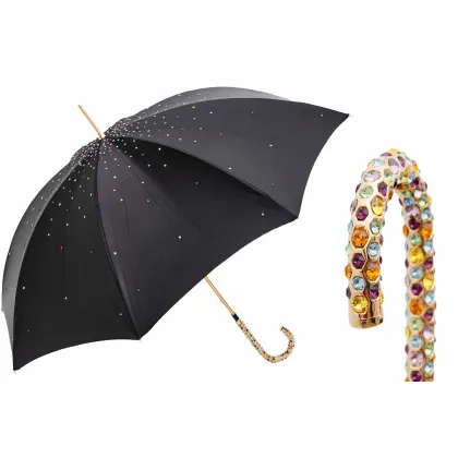 Zdjęcie Elegancki czarny parasol damski z piękną rączką z kryształkami Swarovskiego – Pasotti