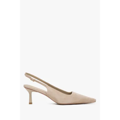 Zdjęcie Estro: Beżowe welurowe czółenka damskie typu slingback na niskim obcasie