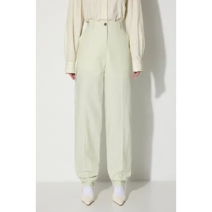 Zdjęcie Wood Wood spodnie z domieszką lnu Courtney Mini Stripe Trousers kolor zielony proste high waist 12211600.5291-PASTELG