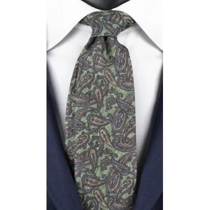 Zdjęcie Przepiękny, zielony krawat z wzorem paisley, ręcznie szyty z lnu