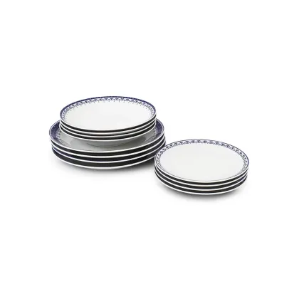 Zdjęcie Piękny 12-elementowy zestaw talerzy z porcelany w kolorze niebieskim z pięknym delikatnym zdobieniem – Leander