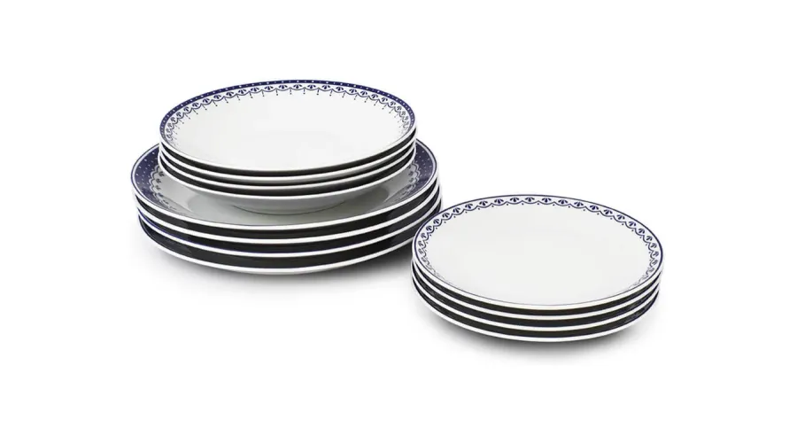 obrazek 1 Piękny 12-elementowy zestaw talerzy z porcelany w kolorze niebieskim z pięknym delikatnym zdobieniem – Leander