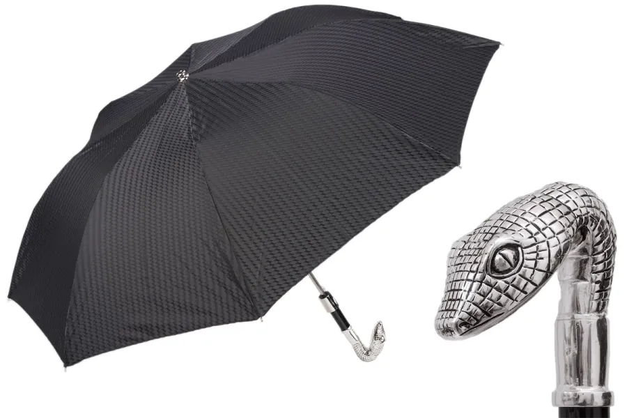 obrazek 1 Piękny stylowy czarny parasol męski z rączką w kształcie srebrnej głowy węża – Pasotti