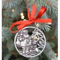 Picture Christmas decoration for a pewter Christmas tree - Santa Claus with a snowman