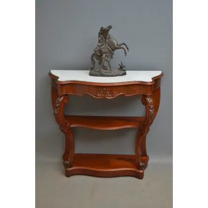 Zdjęcie Kontynentalny, mahoniowy stół przedpokojowy o serpentynowym kształcie z białym marmurem - antyk