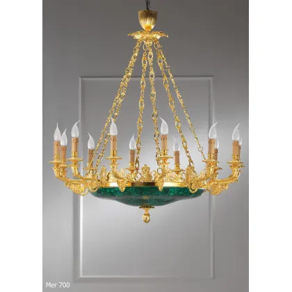 Zdjęcie Żyrandol z pozłacanego brązu z kielichem malachitowym