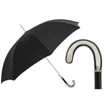 Zdjęcie Elegancki czarny parasol męski w drobne kwadraty z biało czarną rączką z rogu - Pasotti
