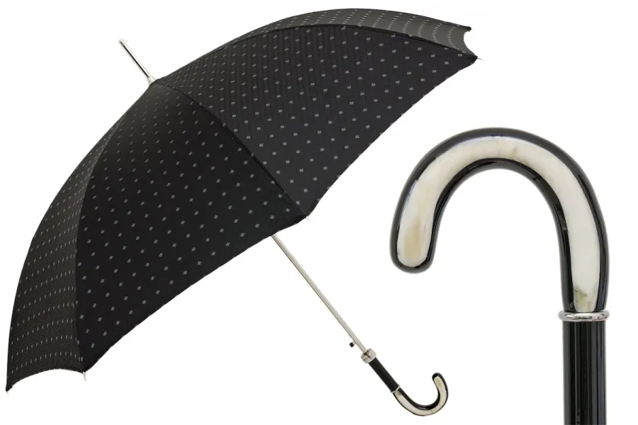 obrazek 1 Elegancki czarny parasol męski w drobne kwadraty z biało czarną rączką z rogu - Pasotti