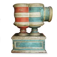 Picture Antique ballot box made of turned wood, lacquered on the edges in shades of powder blue and Sienese yellow