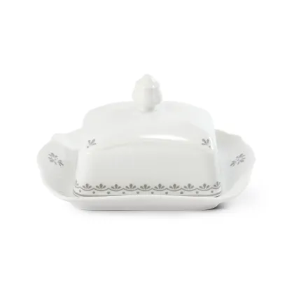 Zdjęcie Wyjątkowa kwadratowa maselniczka z porcelany zdobiona subtelnym szarym motywem – Leander