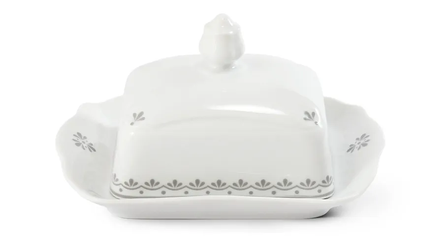 obrazek 1 Wyjątkowa kwadratowa maselniczka z porcelany zdobiona subtelnym szarym motywem – Leander