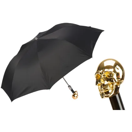 Picture Classic black men's umbrella with a handle - golden skull - Pasotti