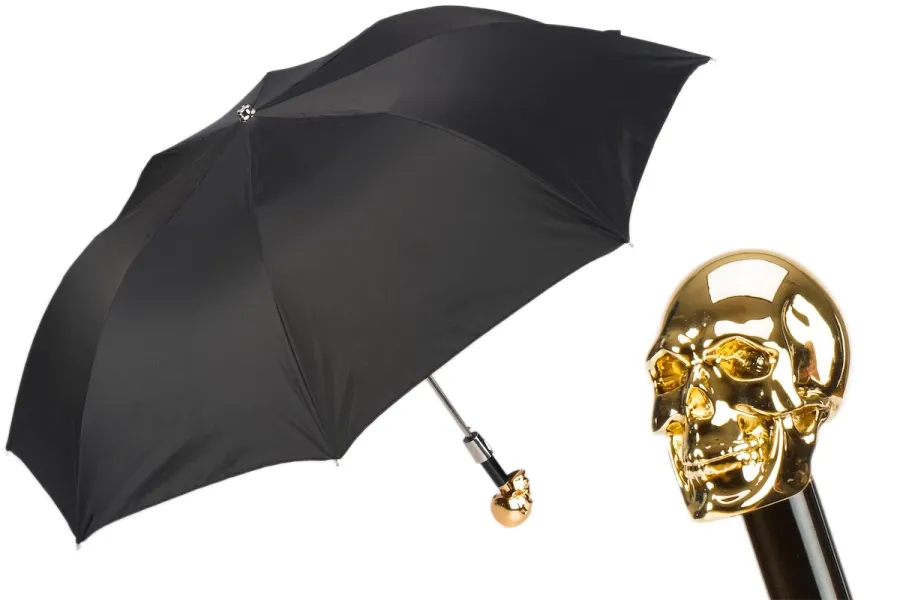 obrazek 1 Klasyczny czarny parasol męski z rączką – złotą czaszką – Pasotti