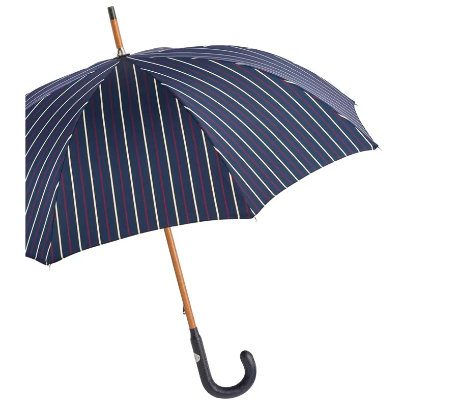 obrazek 6 Klasyczny granatowy parasol męski w pionowe paski ze skórzaną rączką – Pasotti