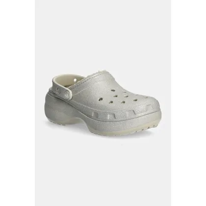 Zdjęcie Crocs kapcie Classic Platform Glitter Lined Clog W damskie kolor srebrny na platformie 210413