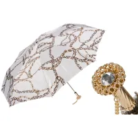 Picture A unique white women's umbrella decorated with a chain print and a beautiful handle - Pasotti