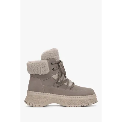 Zdjęcie Estro: Zimowe botki damskie z szarego naturalnego weluru z ociepleniem