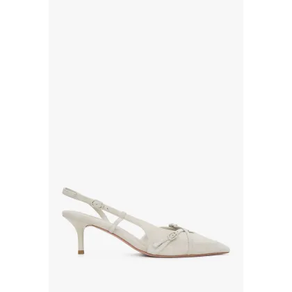 Zdjęcie Estro: Jasnobeżowe welurowe czółenka typu slingback na niskim obcasie