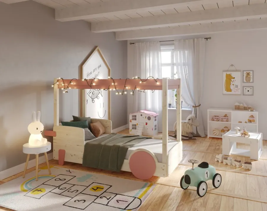 obrazek 2 Adaptowalne, naturalnie drewniane łóżko samochód/domek z dachem Montessori - Mathy by Bols