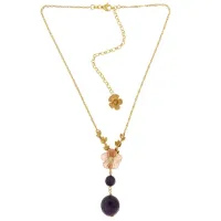 Zdjęcie Naszyjnik ze srebra pozłacanego 18-karatowym złotem Białe cyrkonie Różowe satynowe kryształowe kwiaty Kamień ametystowy