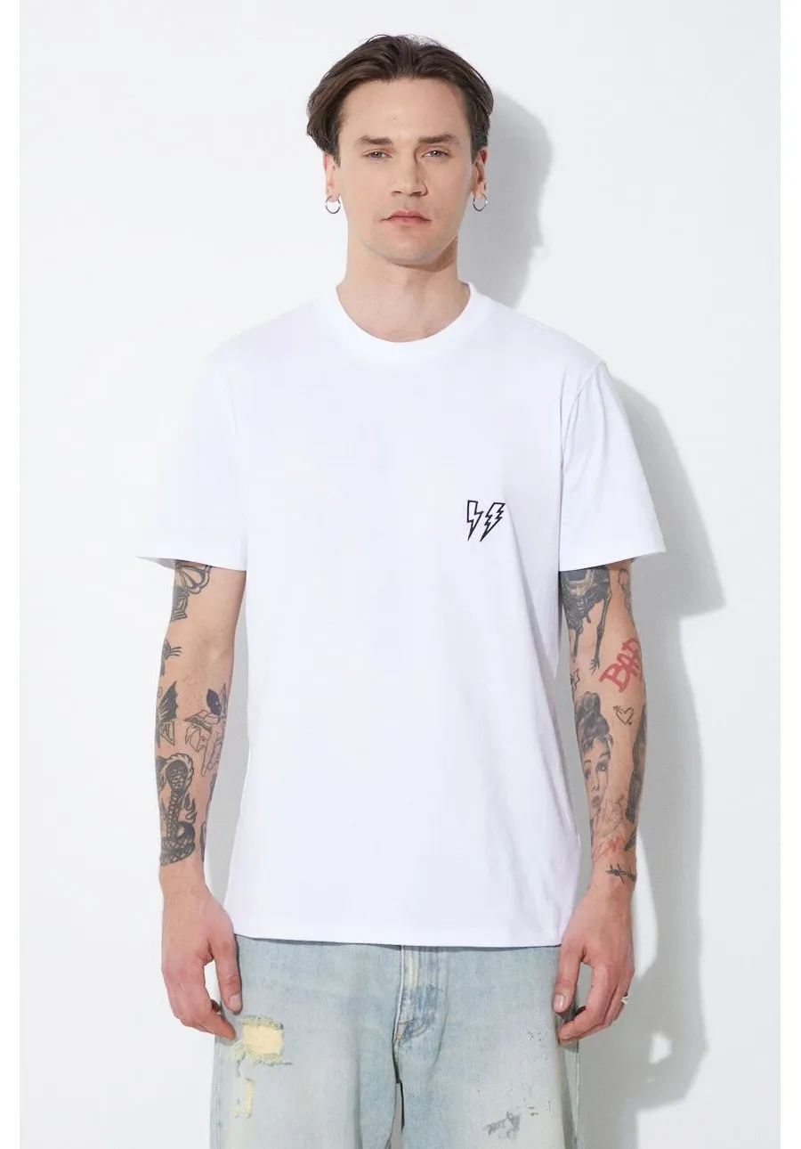 obrazek 1 Neil Barrett t-shirt bawełniany Slim Double Bolt męski kolor biały z aplikacją MY70218R-Y523-100N