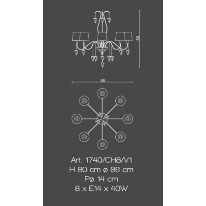 Zdjęcie Żyrandol 8-świetlny z polerowanego mosiądzu z oszlifowanymi kryształowymi diamentami i kloszami z jedwabiu - Il Paralume Marina