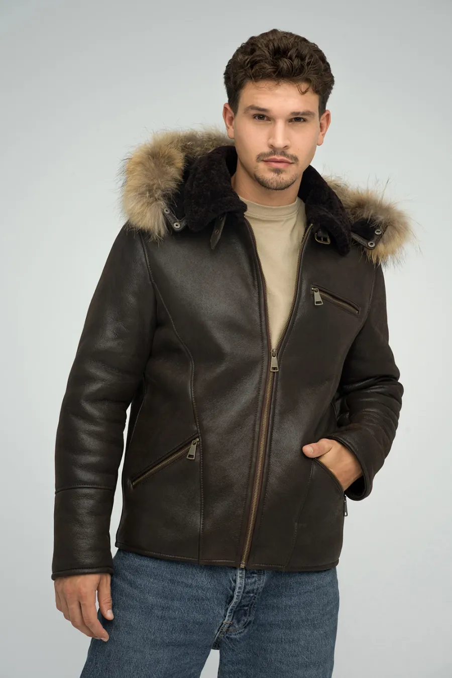 obrazek 4 Elegancka męska kurtka z owczej skóry oraz kapturem z futra lisa lub jenota