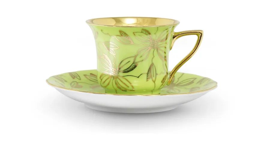 obrazek 1 Luksusowa filiżanka do kawy Windsor ze spodkiem z porcelany zdobiona złotymi kwiatami w kolorze zielonym – Leander