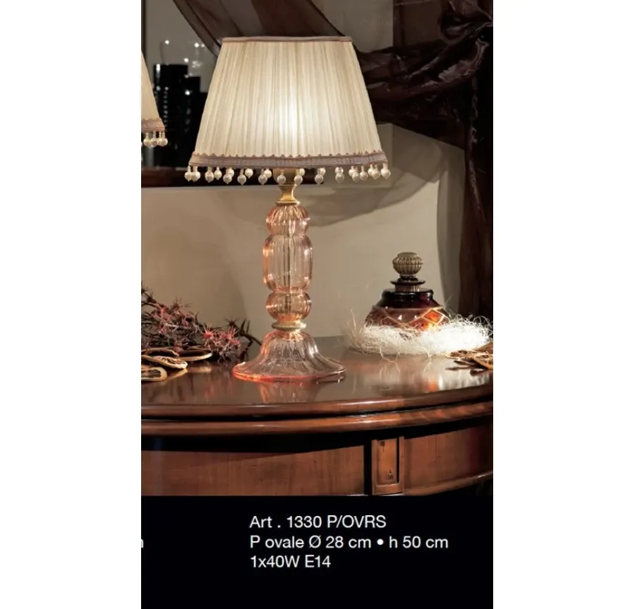 obrazek 1 Lampa z bursztynowego szkła Murano z różowym abażurem w kwiaty - Il Paralume Marina