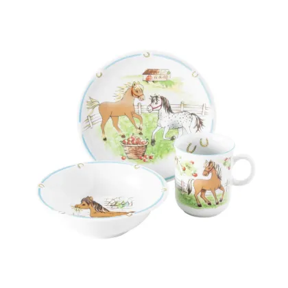 Zdjęcie Stylowy dziecięcy 3-elementowy zestaw porcelanowy zdobiony motywem kucyków - Seltmann Weiden