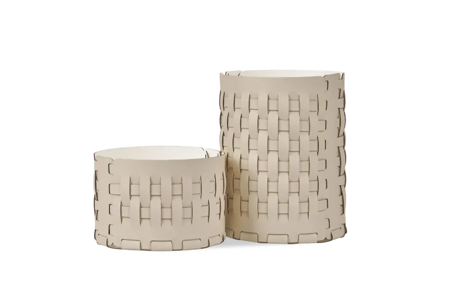 obrazek 2 Unikalny skórzany kosz Bottega Ø20xH25 cm w kolorze waniliowym